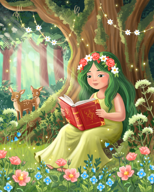 Мавка читае книжку в лісі